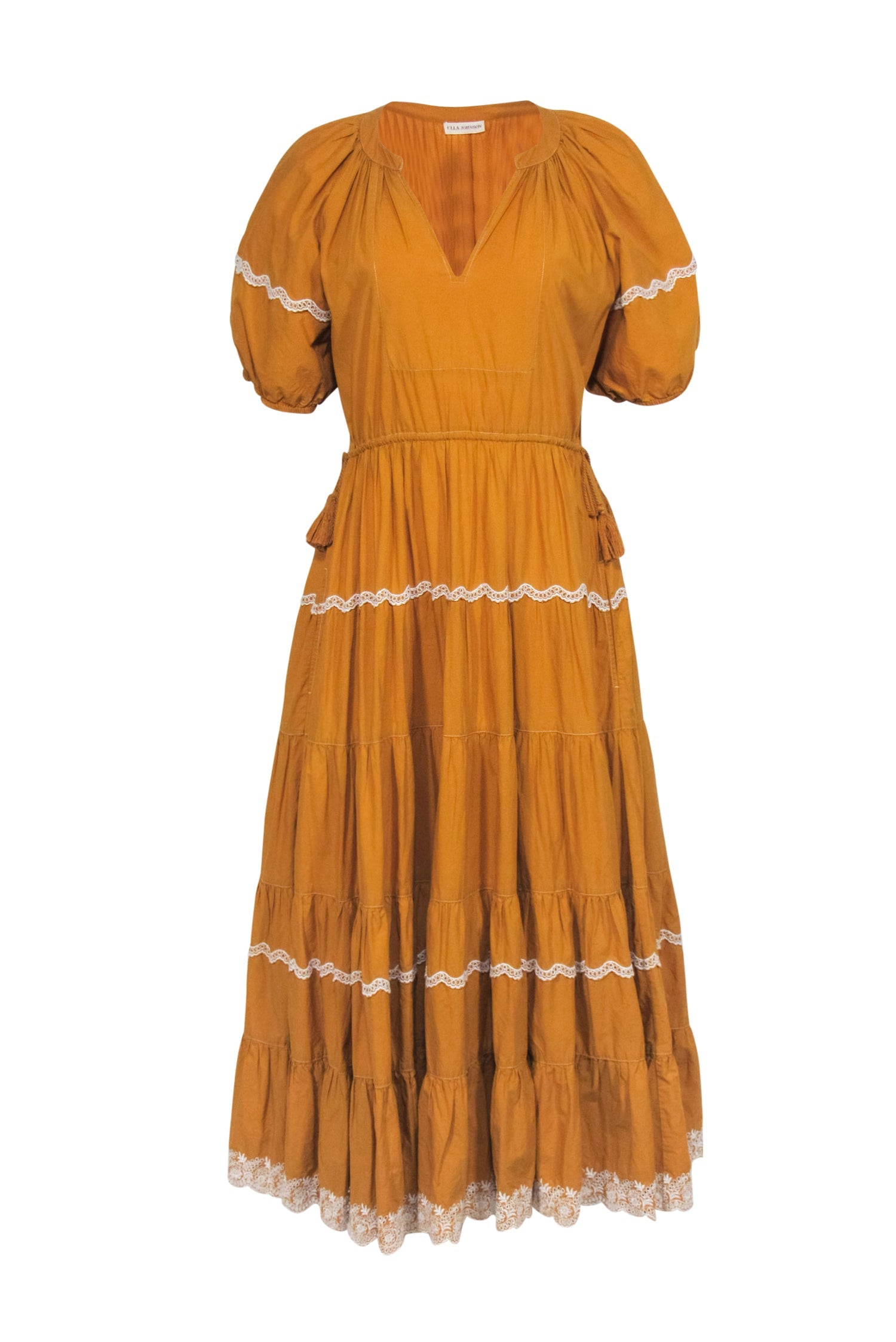 Ulla Johnson Mustard Yellow Cotton Tiered Midi Dress w/ Lace