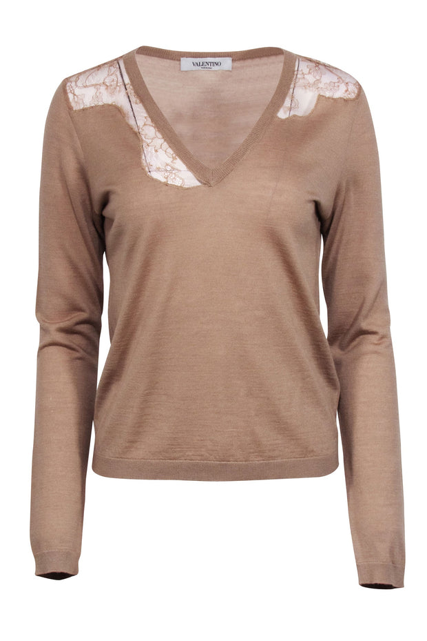 Current Boutique-Valentino - Tan Wool & Silk Blend V-Neckline Knit Top Sz L