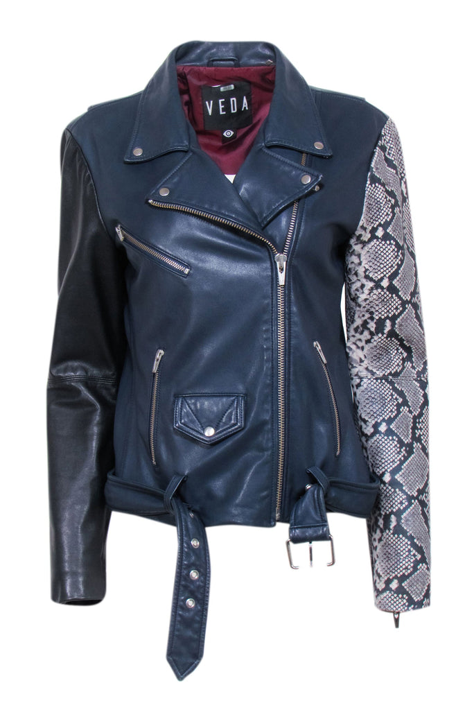 Veda Navy Black Lamb Leather Moto Jacket w/ Snakeskin Print