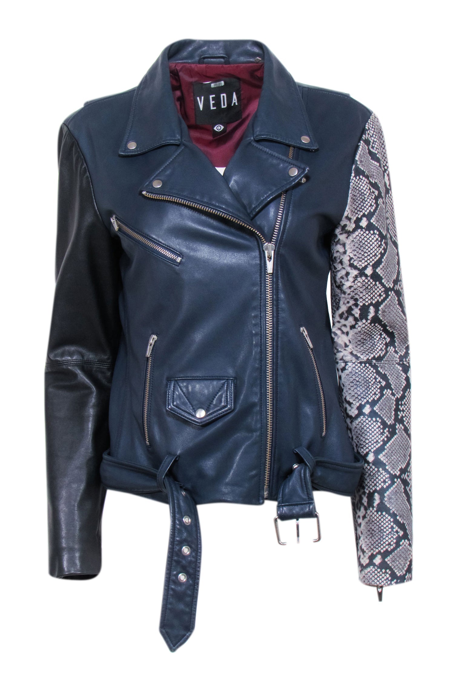 Veda Navy Black Lamb Leather Moto Jacket w/ Snakeskin Print