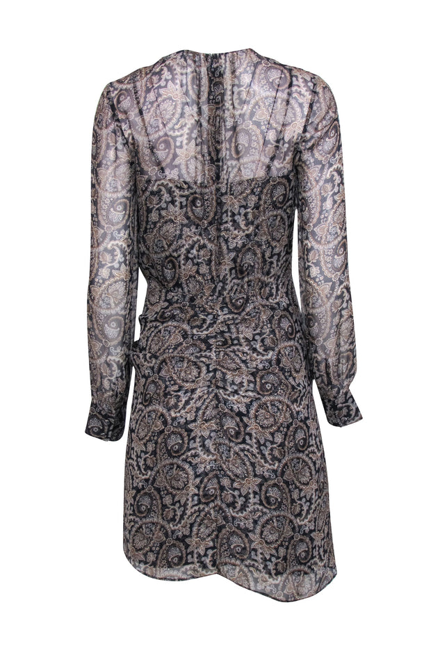veronica beard silk dress Veronica Beard Palmora Paisley Ruched and Pleated Sheer Mini Dress, Marine Blue Multi, Women's, 4, Mini Dresses
