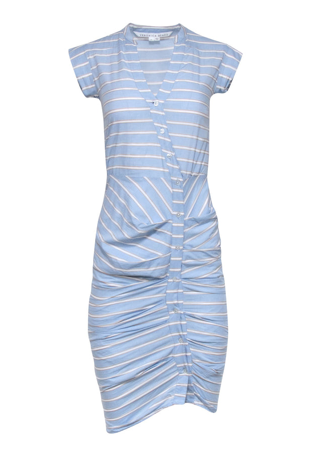 veronica beard striped ruched dress Lex ruched striped silk-blend midi shirt dress - light blue