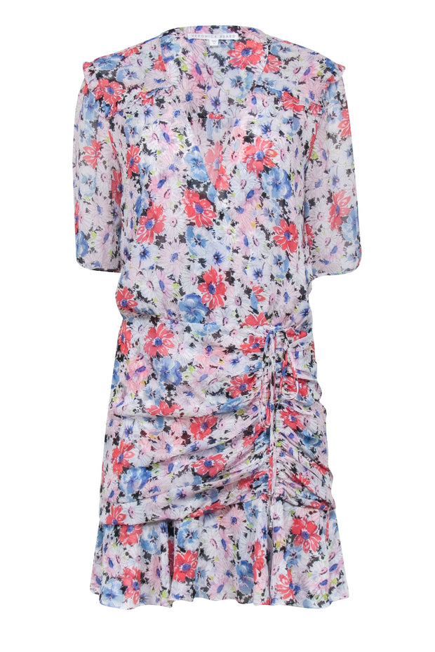 veronica beard pink floral dress VERONICA BEARD Pink Floral Print 70's Mod Tiered Silk Satin Cocktail Dress  14 L