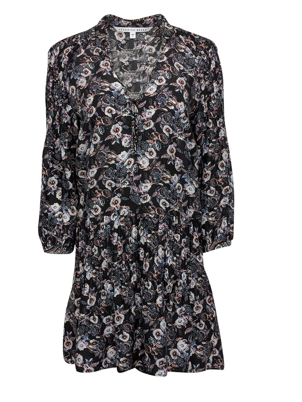Current Boutique-Veronica Beard - Washed Black w/ Pink & Blue Floral Print Silk Dress Sz 8