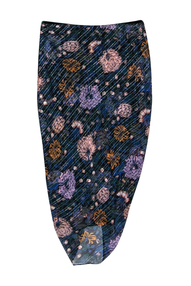 Current Boutique-Veronica Beard - Black w/ Multicolor Floral Print Silk Ruched Skirt Sz 4