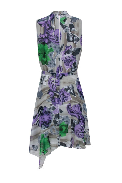 Current Boutique-Versace Collection - Taupe w/ Purple Abstract Floral Print Pleated Dress Sz 8