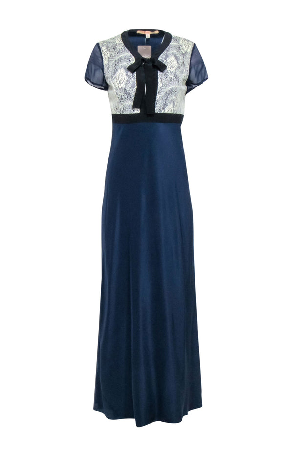 knee length dresses for ladies Cream And Blue Floral Maxi Dress With Lace Back main image 0