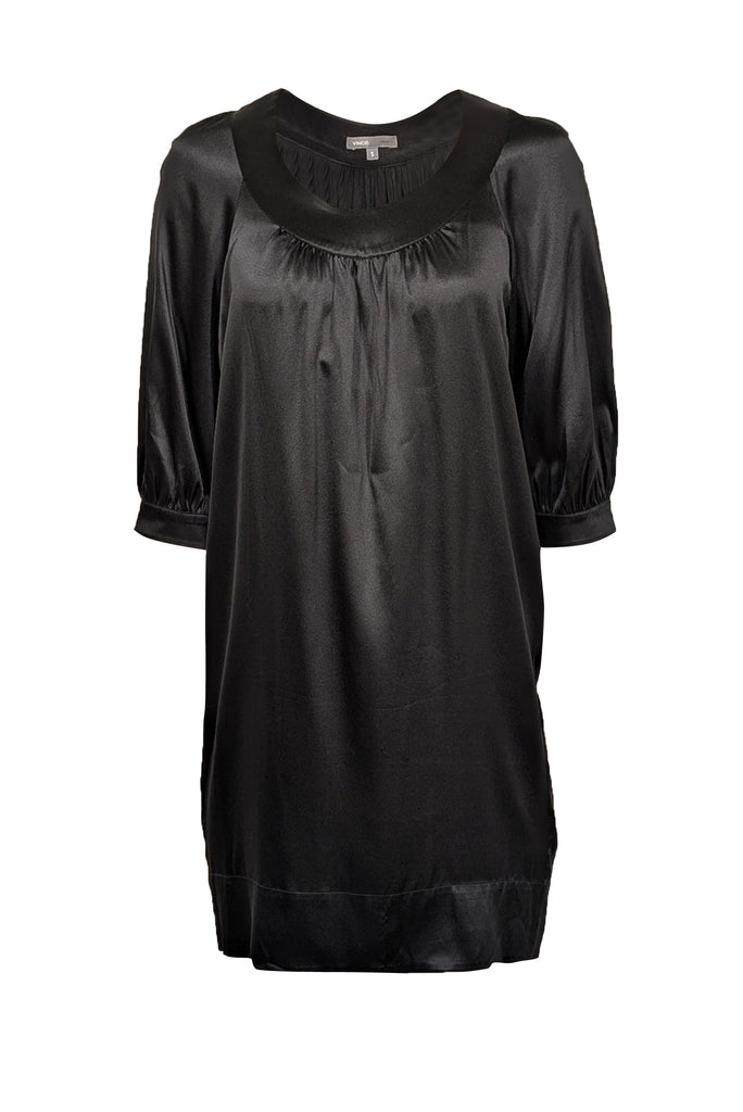 vince black silk dress VINCE L71706 Women's Draped Silk Panel Black Midi Dress Size Small