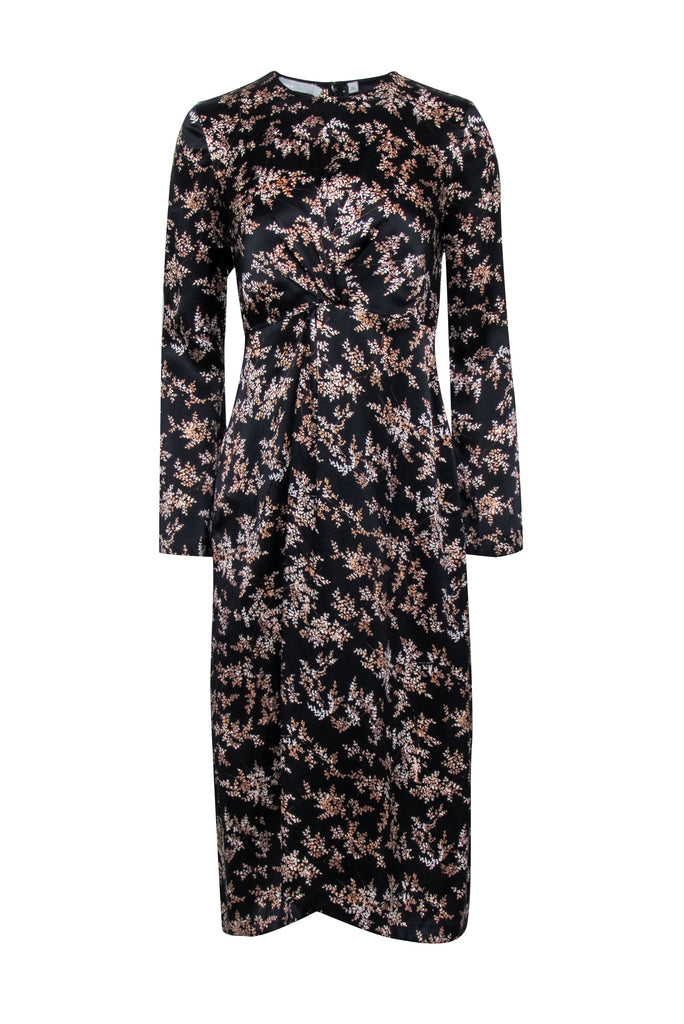 Vince Eden Leaf-Print Twist-Front Silk Midi Dress, Black, Women's, Xs