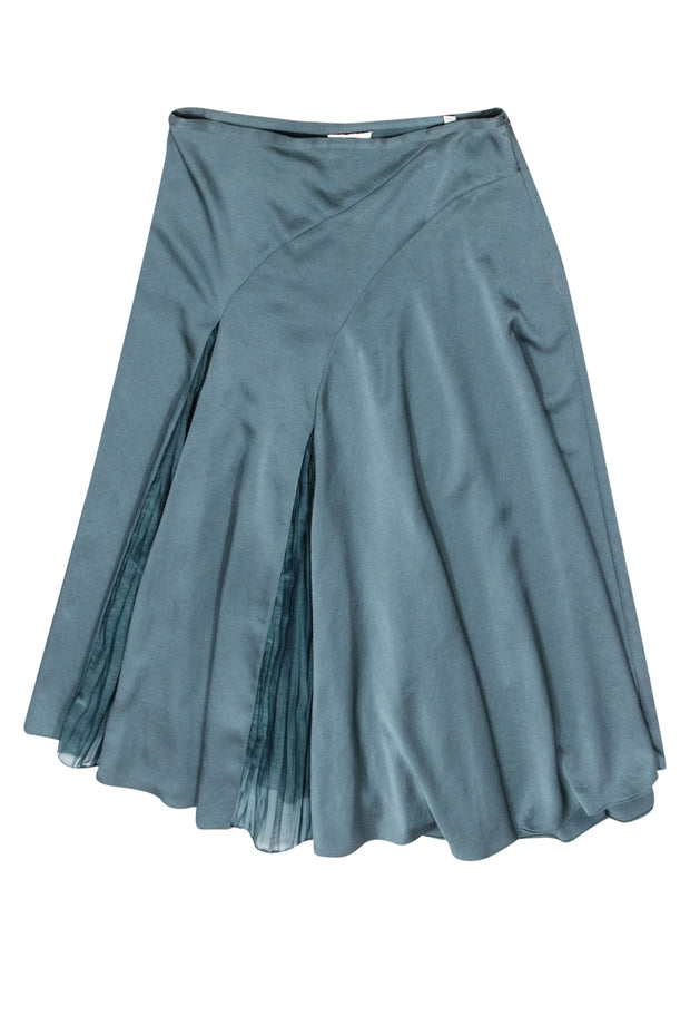 Current Boutique-Vince - Light Teal w/ Asymmetrical Pleated Detail Midi Satin Skirt Sz 8