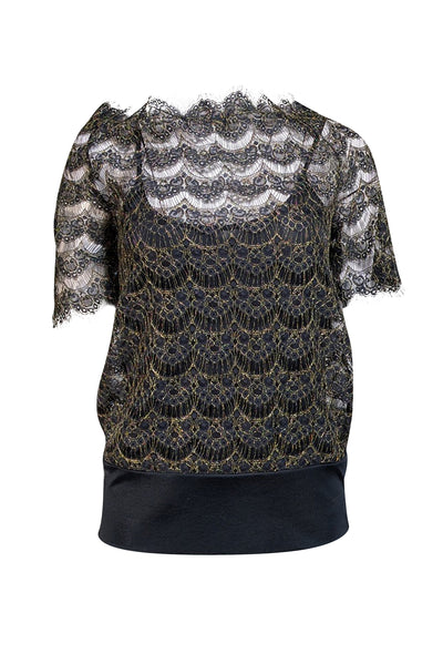 Current Boutique-Vivienne Tam - Black &amp; Gold Lace Short Sleeve Blouse Sz P
