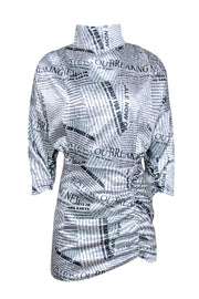 Current Boutique-Winter Muse - White & Black Newspaper Print Ruched Mini Dress Sz 2