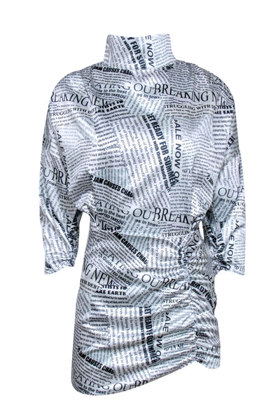 Winter Muse - White & Black Newspaper Print Ruched Mini Dress Sz 2 Winter Muse - White & Black Newspaper Print Ruched Mini Dress Sz 2