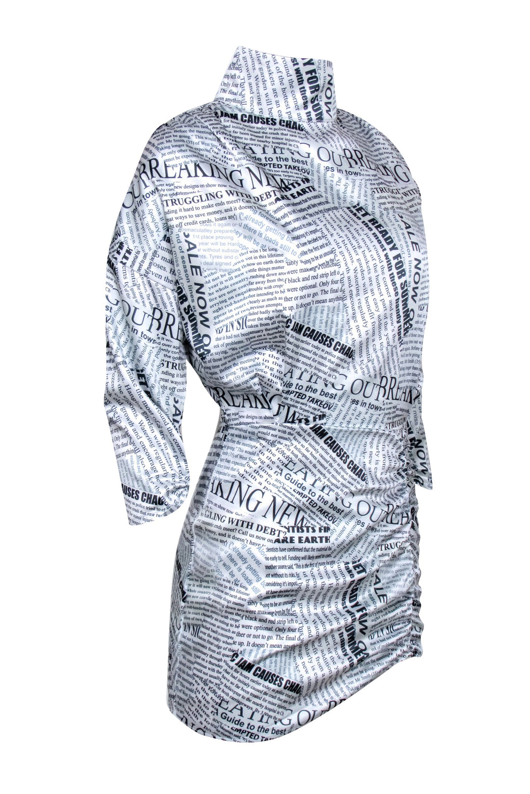 Winter Muse - White & Black Newspaper Print Ruched Mini Dress Sz 2 Winter Muse - White & Black Newspaper Print Ruched Mini Dress Sz 2