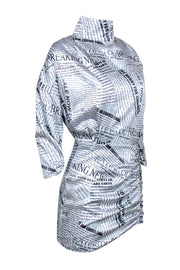 Winter Muse - White & Black Newspaper Print Ruched Mini Dress Sz 2 Winter Muse - White & Black Newspaper Print Ruched Mini Dress Sz 2