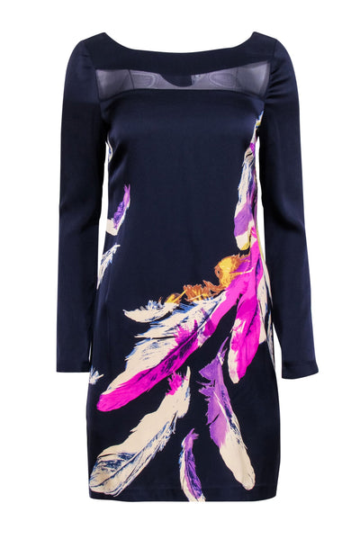 Current Boutique-Yoana Baraschi - Navy & Multi Color Feather Print Silk Blend Dress Sz 6