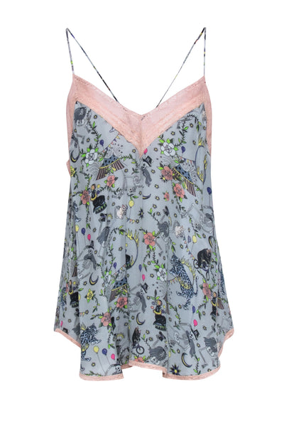 Current Boutique-Zadig & Voltaire - Pale Blue Circus Print Cami w/ Peach Lace Trim Sz M