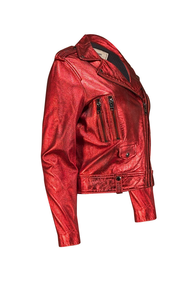 Zadig & Voltaire - Red Metallic Leather Cropped Jacket Sz 8
