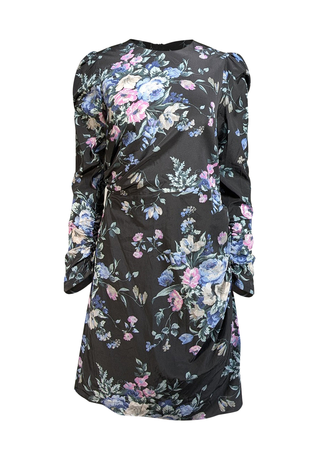Zimmermann - Black w/ Pink & Blue Floral Print Ruched Draped Silk Dres Zimmermann - Black w/ Pink & Blue Floral Print Ruched Draped Silk Dres