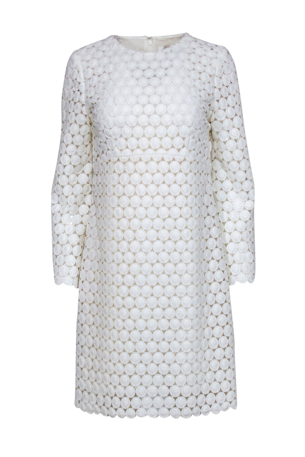white lace shift dress with sleeves Sheer White Lace Mini Shift Dress With Puffed Half Sleeves and Bodice Lining