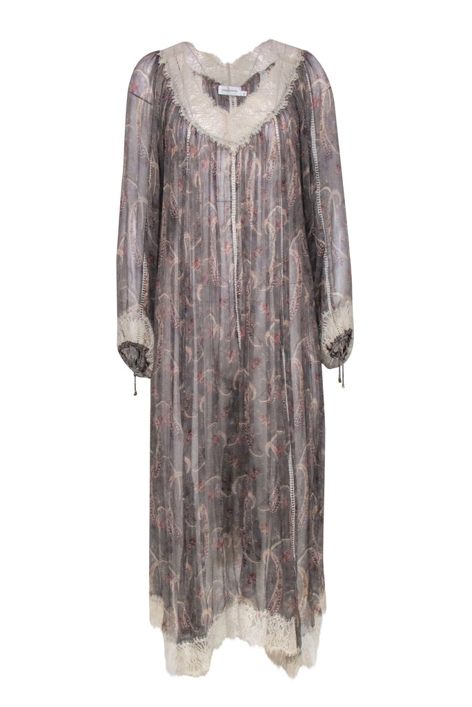 Zimmermann - Olive & Beige Paisley Print Sheer Long Sleeve Dress Sz 6