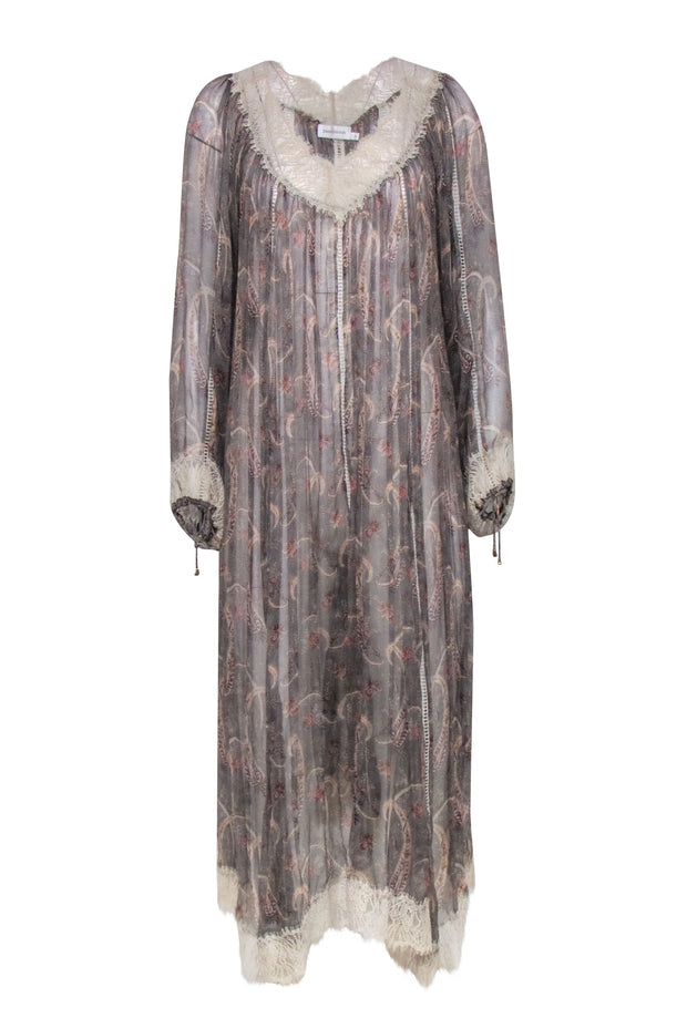 Zimmermann - Olive & Beige Paisley Print Sheer Long Sleeve Dress Sz 6 Zimmermann - Olive & Beige Paisley Print Sheer Long Sleeve Dress Sz 6