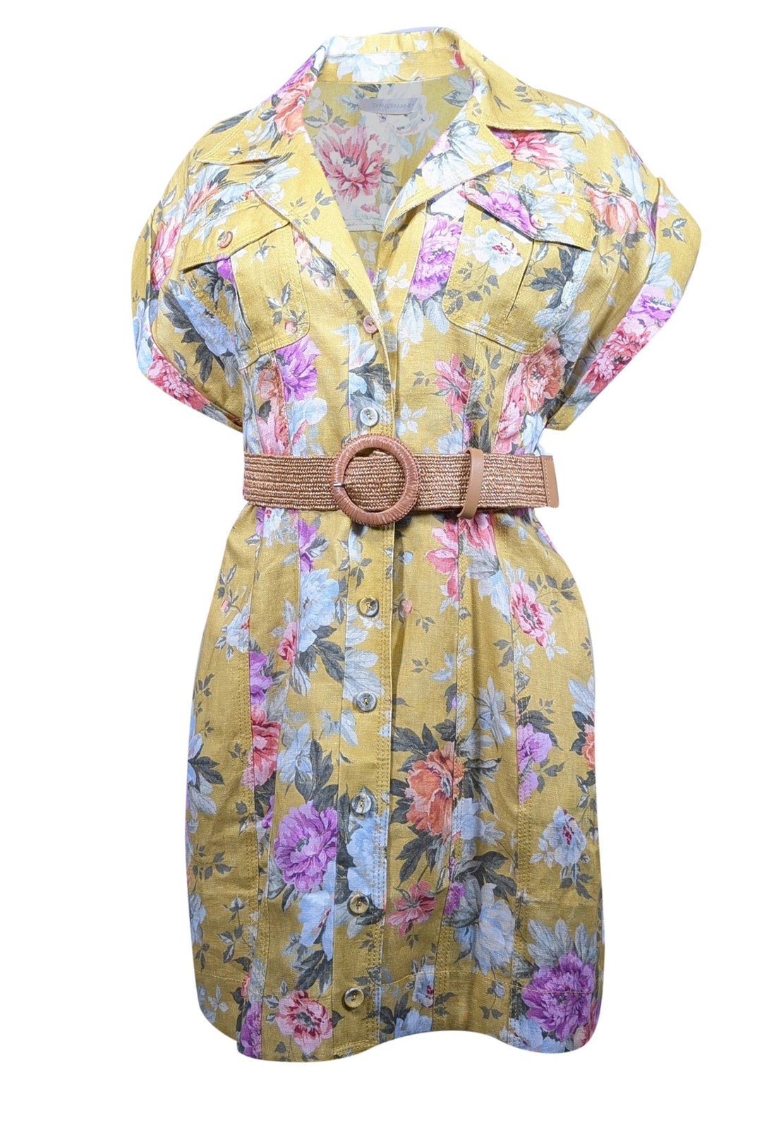 Zimmermann - Mustard & Pink Floral Print Linen Belted Mini Dress Sz 6 Zimmermann - Mustard & Pink Floral Print Linen Belted Mini Dress Sz 6