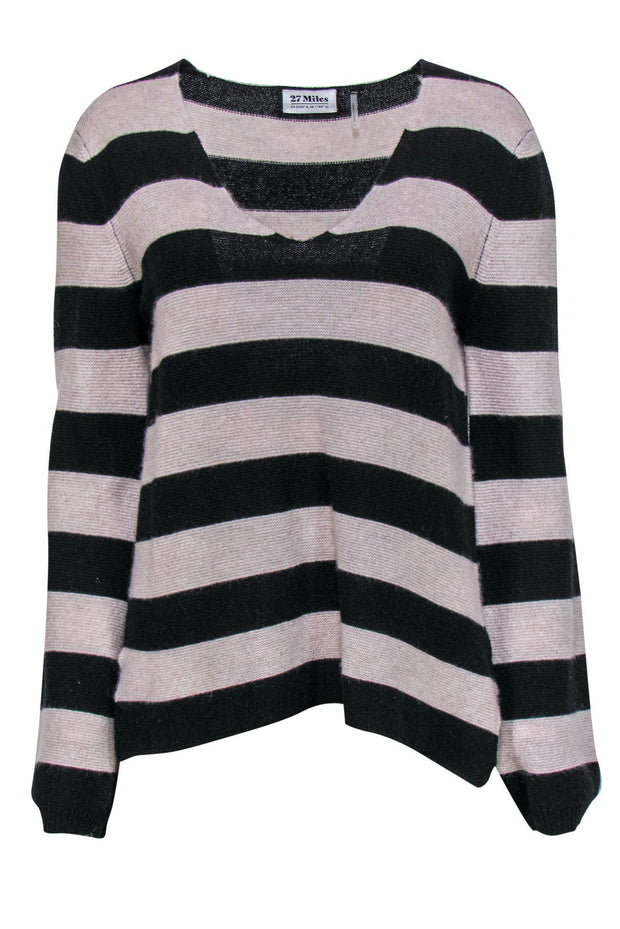 Current Boutique-27 Miles - Grey & Black Striped V-Neck Cashmere Sweater Sz S