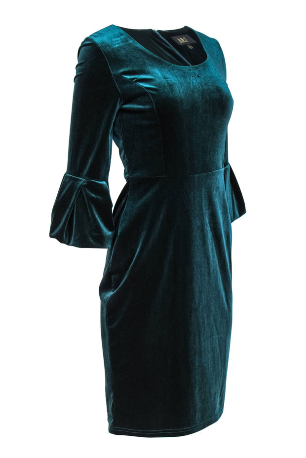 Current Boutique-ABS Collections - Dark Teal Velvet Bell Sleeve Sheath Dress Sz 6