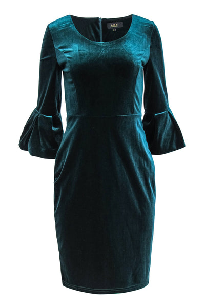 Current Boutique-ABS Collections - Dark Teal Velvet Bell Sleeve Sheath Dress Sz 6