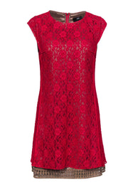 Current Boutique-ABS by Allen Schwartz - Brown & Red Lace Cap Sleeve Shift Dress Sz 8