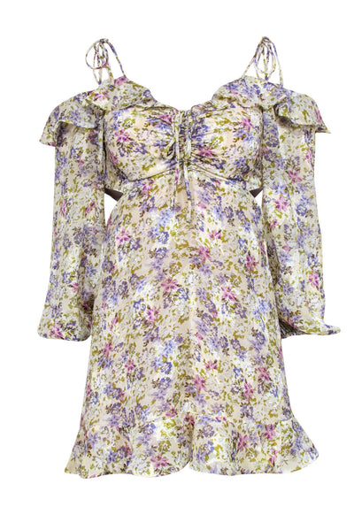 Current Boutique-ASTR the Label - Beige & Multicolor Floral Print Dress w/ Cold Shoulder Cutouts Sz XS