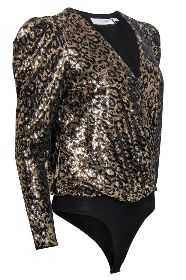 Current Boutique-ASTR the Label - Gold & Black Sequin Leopard Print Puff Sleeve Bodysuit Sz S