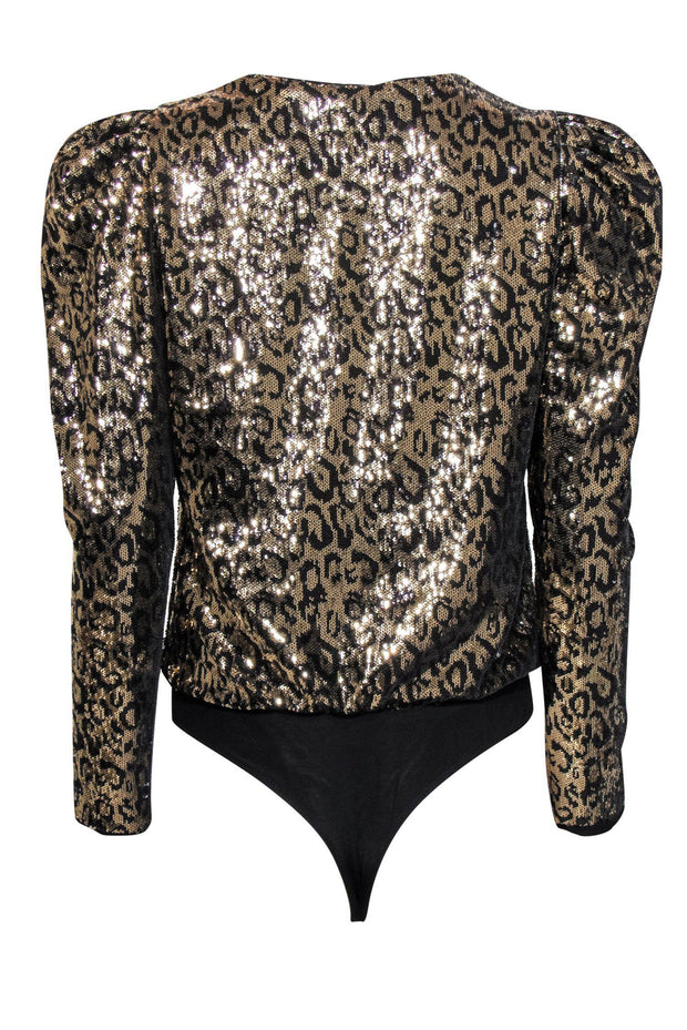 Current Boutique-ASTR the Label - Gold & Black Sequin Leopard Print Puff Sleeve Bodysuit Sz S