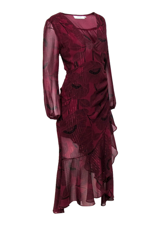 Current Boutique-ASTR the Label - Maroon Maxi Dress w/ Black Floral Print & Metallic Details Sz S