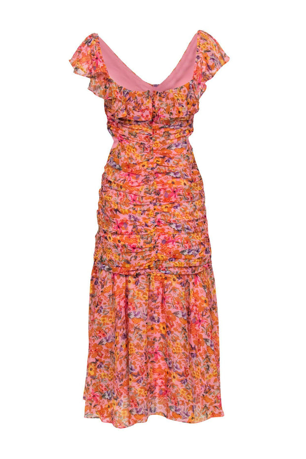 Current Boutique-ASTR the Label - Pink & Multicolored Floral Print Ruched Maxi Dress w/ Cutouts Sz M