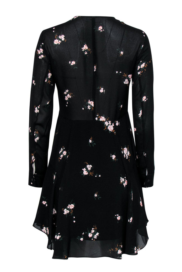 Current Boutique-A.L.C. - Black Floral Print Button-Up Silk Shift Dress Sz 2