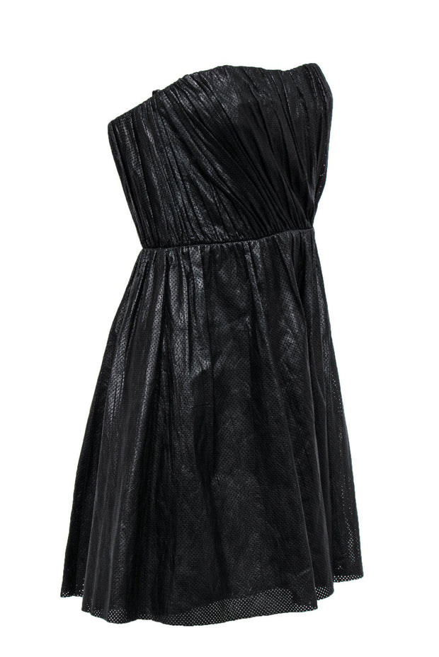 Current Boutique-A.L.C. - Black Leather Strapless Fit & Flare Dress w/ Laser Cut Design Sz 4