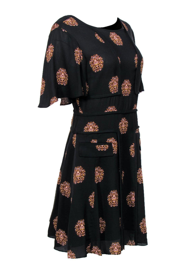 Current Boutique-A.L.C. - Black Printed Short Sleeve Silk Fit & Flare Dress Sz 6