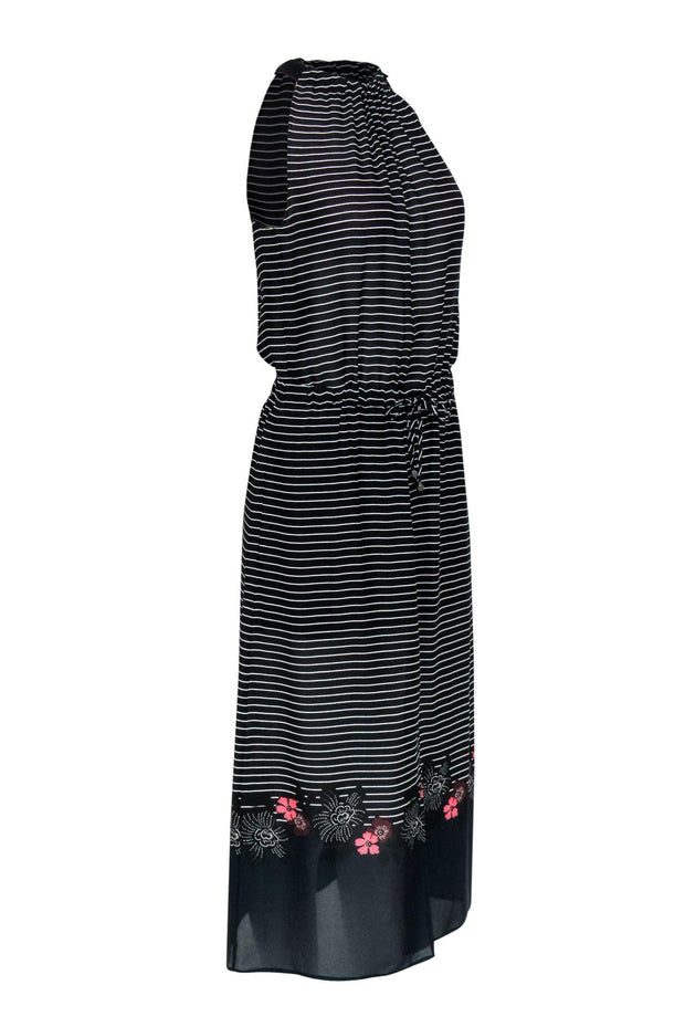 Current Boutique-A.L.C. - Black & White Striped Sleeveless Silk Maxi Dress w/ Floral Print Hem Sz 2