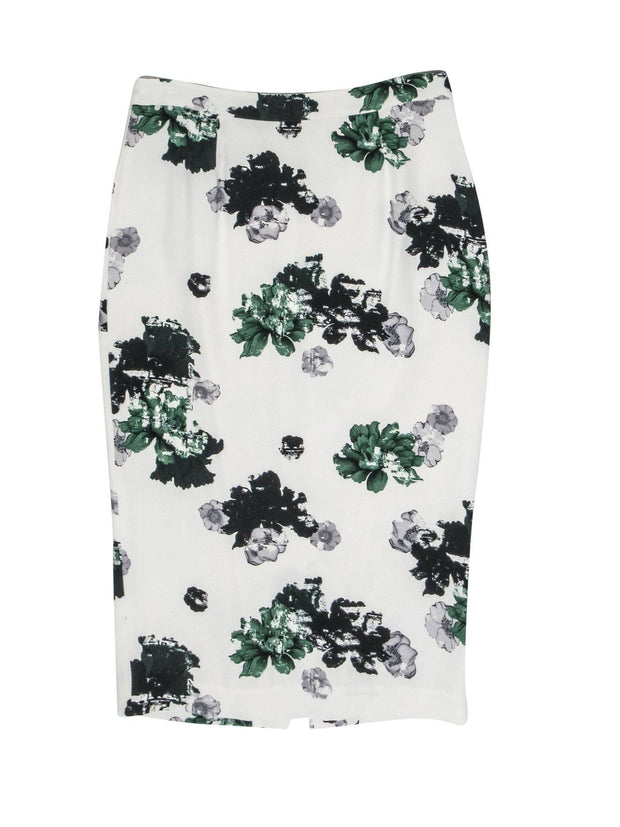 Current Boutique-A.L.C. - White & Green Floral Print Silk Pencil Skirt Sz 4