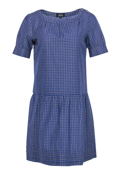 Current Boutique-A.P.C. - Blue & Gold Grid Print Short Sleeve Drop Waist Dress Sz S