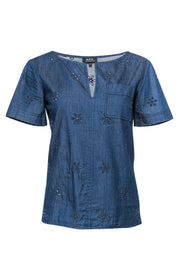 Current Boutique-A.P.C. - Dark Chambray Blouse w/ Floral Lace Eyelets Sz XS