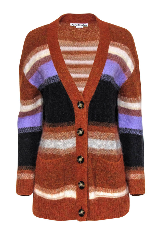 Current Boutique-Acne Studios - Burnt Orange & Multicolor Striped Button-Up Fuzzy Cardigan Sz XXS