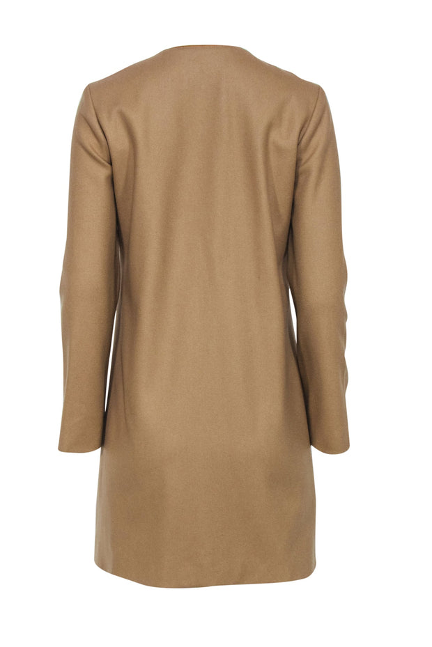 Current Boutique-Adam Lippes - Beige Wool Blend Snap-Up Longline Coat w/ Leather Trim Sz XS