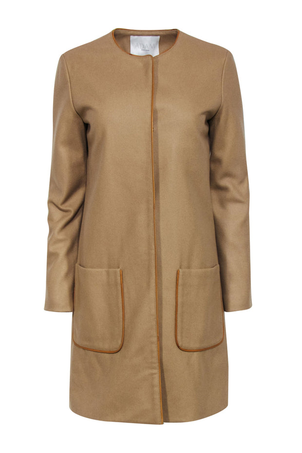 Current Boutique-Adam Lippes - Beige Wool Blend Snap-Up Longline Coat w/ Leather Trim Sz XS