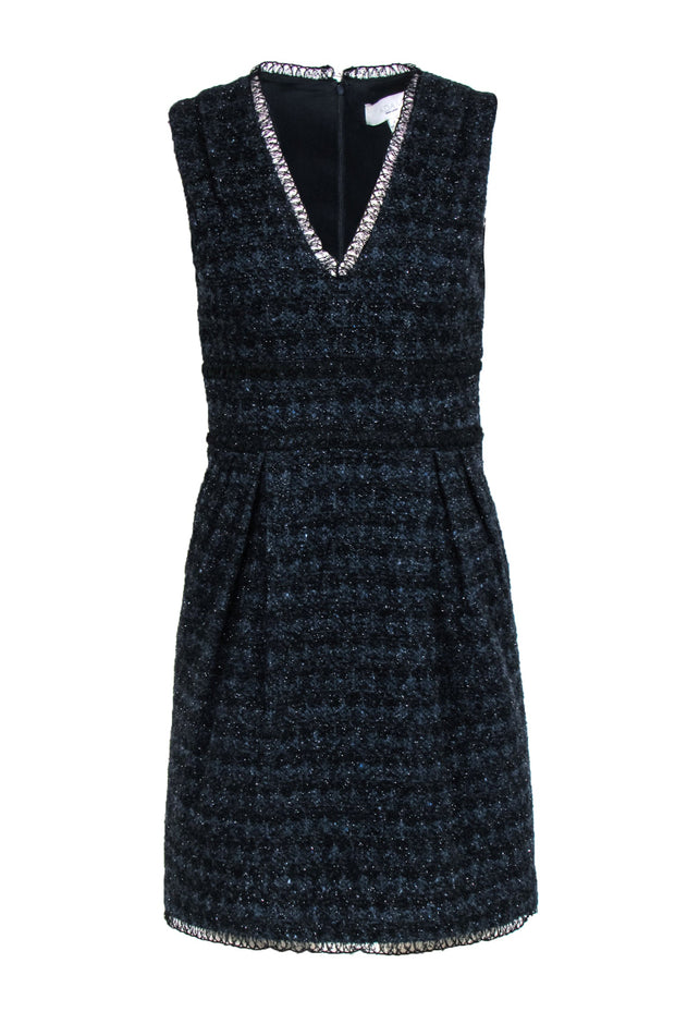 Current Boutique-Adam Lippes - Black & Navy Tweed V-Neck Sheath Dress Sz 2