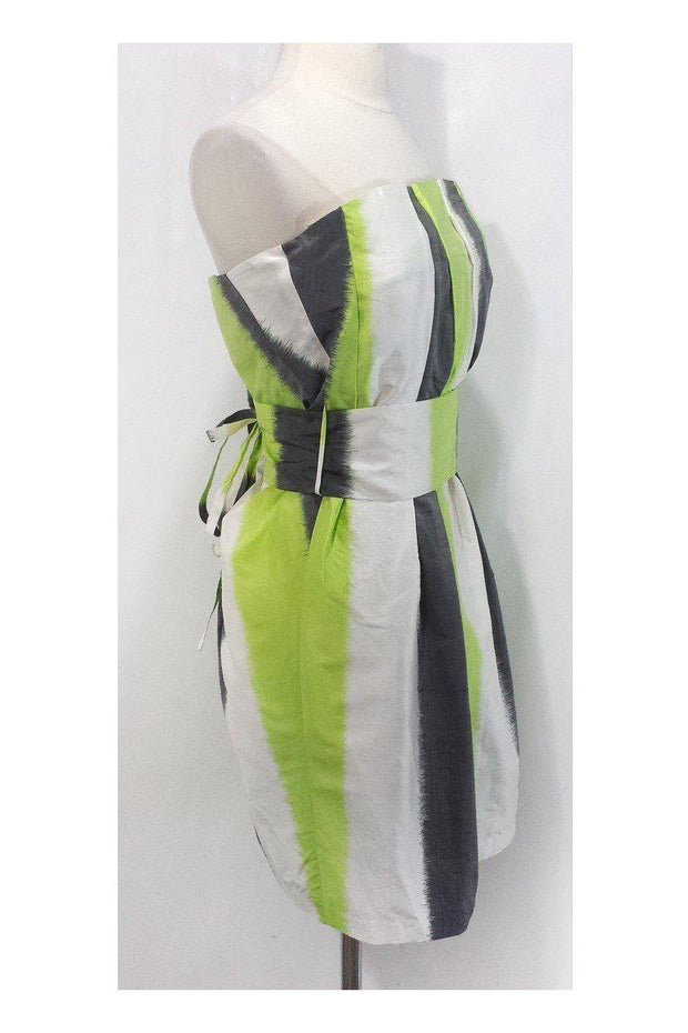Current Boutique-Adam Lippes - Lime, Grey & White Strapless Silk Dress Sz 6