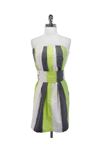 Current Boutique-Adam Lippes - Lime, Grey & White Strapless Silk Dress Sz 6