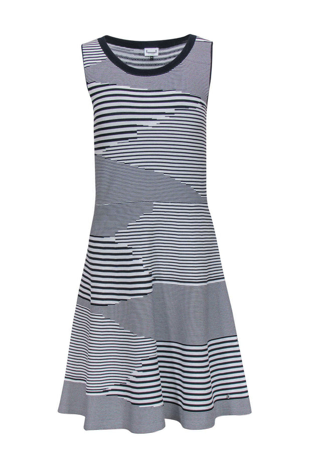 Current Boutique-Adolfo Dominguez - White & Navy Abstract Striped Sleeveless Fit & Flare Dress Sz XS